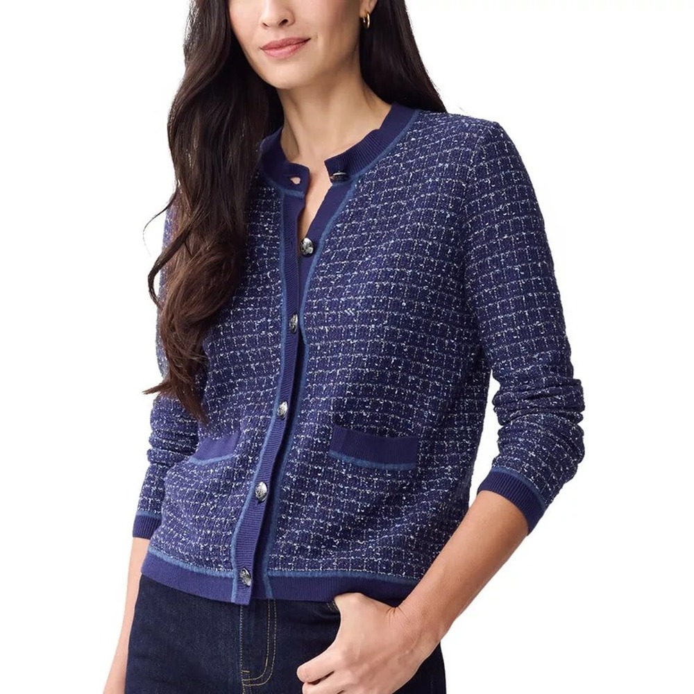 J McLaughlin Cecille Sweater Navy Blue Tweed Metallic Cardigan Small